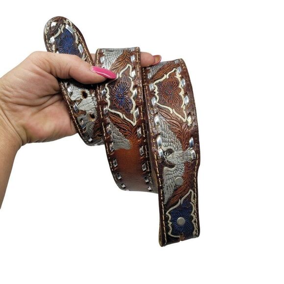 Handcrafted Brown Western Leather Belt Hand Painted Silver‎ Eagle Embossing 32
